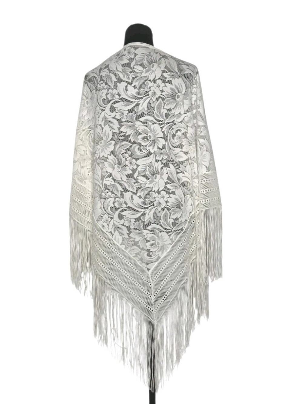 VTG Baar & Beards White Floral Lace Fringe Shawl Victorian Western Bride Japan
